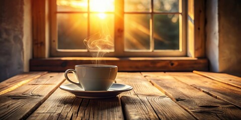Poster - Warm Morning Beverage on Rustic Wooden Table near Window with Sunlight Streaming In