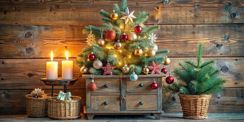 Aufkleber - Rustic Christmas Scene with Decorated Miniature Tree, Candles, and Festive Accents on Wooden Chest