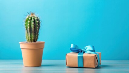 Poster - A potted succulent plant sits beside a gift wrapped in kraft paper with a light blue ribbon, arranged on a wooden surface against a vibrant blue backdrop.