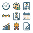 © Coosh448 - Employee Performance Icons. Flat icon set of employee performance icons: punctuality clock, shift completion