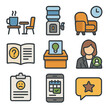 © Coosh448 - Employee Support Icons. Flat icon set of employee support for shifts: break room icon, water cooler, rest time