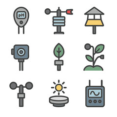 field monitoring icons. flat icon set of field monitoring devices: soil ph meter, weather station, p