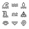 © Влада Яковенко - Water Movement Icons. Outline icon set of water movement timelapses: ocean wave, river current, raindrop, waterfall, tidal line,