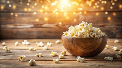 Aufkleber - A rustic wooden bowl overflowing with freshly popped popcorn sits on a wooden table, illuminated by a warm, bokeh-style background light, creating a cozy and inviting atmosphere.