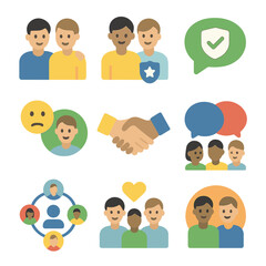 peer support icons. flat icon set of peer support systems: coworker support icon, peer mentor, safe 