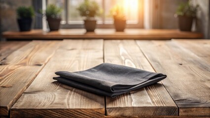 Aufkleber - Rustic Wooden Table with Folded Dark Fabric Napkin, Ready for a Meal or Presentation