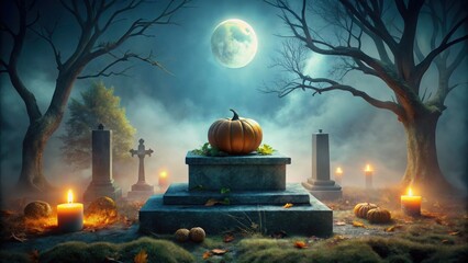 Poster - A Mystical Autumnal Night Scene in a Foggy Graveyard with a Jack-o'-lantern Atop a Tombstone, Illuminated by Candles