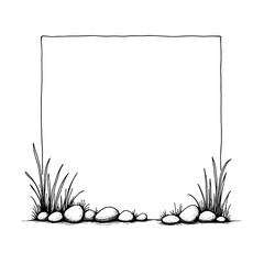 Poster - A simple artistic border design featuring hand-drawn style grass and rocks, with the blank space is intended for various creative applications. This image evokes a sense of natural harmony.