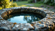 © Tameem - A serene Christian garden setting with a stone fountain reflecting a cross.