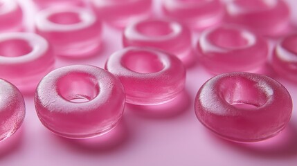 Poster - Clear pink gummy rings image render 3d. Handmade gelatin dessert. Eating healthy chewy candies on pastel background realistic graphic. Conceptual idea, visual storytelling