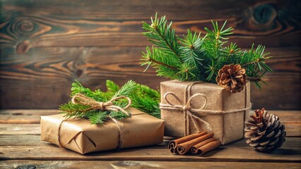 Poster - Rustic Winter Holiday Gifts Wrapped in Kraft Paper with Evergreen Boughs and Pine Cones on Wooden Surface
