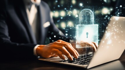 Woman working on computer. Digital security, data protection, technology concept.