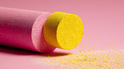 Aufkleber - Close up of pink and yellow cylindrical objects with scattered yellow particles on pink background