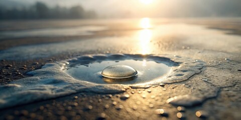 Poster - Serene Sunrise A Transparent Orb Rests in a Small Puddle of Water Surrounded by Foamy Edges on a Sandy Surface at Dawn