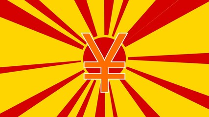 Poster - Yuan symbol on the background of animation from moving rays of the sun. Large orange symbol increases slightly. Seamless looped 4k animation on yellow background