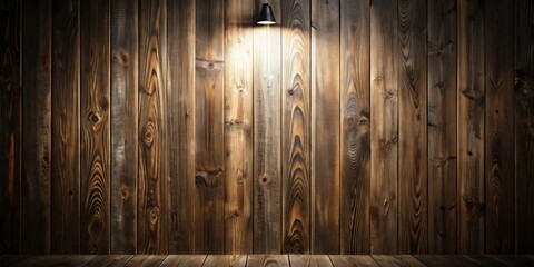Aufkleber - Illuminated Rustic Wooden Wall with Floor and Hanging Lamp A Perfect Background for Product Displays or Design Projects