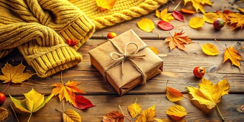 Poster - Autumnal Gift Presentation with Cozy Knitwear and Fallen Leaves on Rustic Wooden Surface
