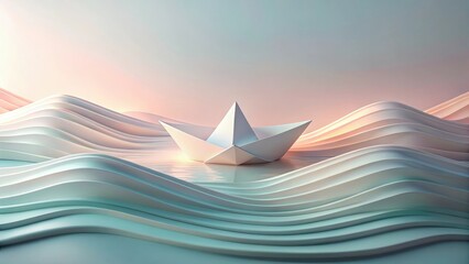 Poster - A serene origami boat navigates a stylized seascape of gently undulating waves, bathed in the soft glow of a tranquil dawn or dusk.