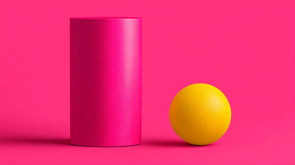 Poster - A vibrant still life featuring a pink cylinder and a yellow sphere against a pink background plain setting