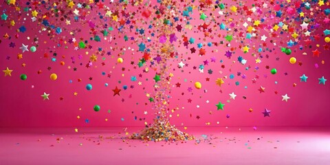 Poster - A vibrant cascade of colorful stars and spheres descends onto a pink surface, creating a festive and joyful scene.