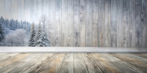 Aufkleber - Winter Wonderland Backdrop Serene Snow-Covered Forest with Rustic Wooden Wall and Floor Display