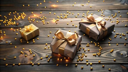 Poster - Elegant Gifts Wrapped in Satin Ribbons and Scattered Golden Beads on Dark Wooden Surface