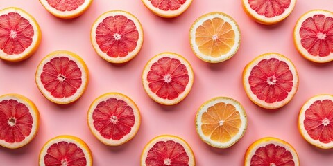 Poster - Vibrant Citrus Slices Arranged in a Repeating Pattern on a Soft Pink Background, Creating a Visually Appealing and Refreshing Image Ideal for Culinary or Health-Related Projects
