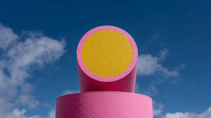 Poster - A pink and yellow cylinder sculpture against a blue sky with scattered white clouds outside during daytime