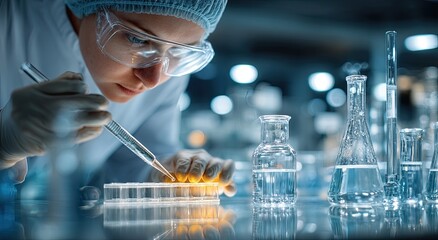 Poster - Female Scientist Using Pipette in Laboratory, Representing Scientific Discovery and Pharmaceutical Research, With Focus on Healthcare Innovation and Medical Breakthroughs