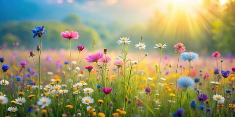 Poster - Vibrant Wildflower Meadow Basking in Golden Sunlight A Symphony of Colors and Delicate Petals at Dawn