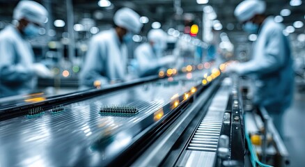 Aufkleber - Semiconductor Chips on Conveyor Belt in Factory, Illustrating Precision Manufacturing and Technological Advancement for Industrial Automation