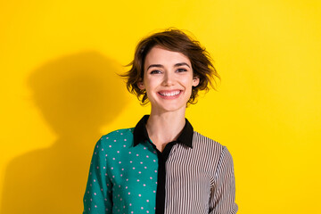 Poster - Photo of gorgeous lovely girl wear stylish print clothes good mood isolated on yellow color background