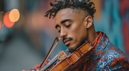 Aufkleber - Man Playing Violin With Eyes Closed, Representing Artistic Expression and Musical Performance, Perfect for Arts and Culture Promotion