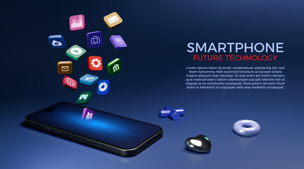 Aufkleber - 3D social media icon. Phone app display. Realistic smartphone screen with cube box. Download in tablet market. Cellphone technology. Mobile application interface symbols. Vector background