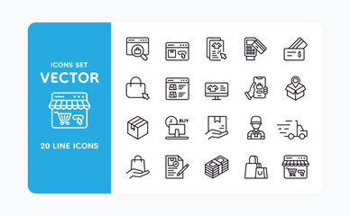 Aufkleber - Shop icons. Store order express delivery. Click and buy in laptop. Collect box. Hand mobile app with shopping basket. Purchase payment sign. Courier with parcel. Vector line symbols set