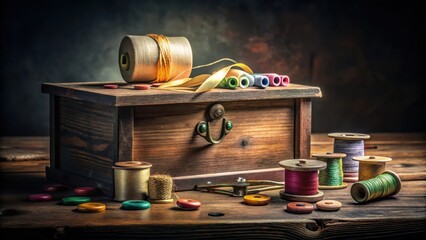 Poster - A Rustic Wooden Box Overflowing with Colorful Threads and Buttons, a Still Life of Sewing Supplies on a Weathered Wood Surface