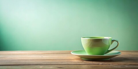 Poster - A serene pastel green teacup rests on a rustic wooden table against a calming mint green backdrop