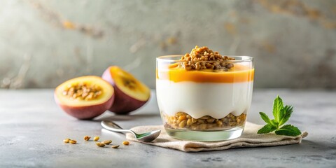 Poster - Layered dessert parfait with creamy yogurt, sweet fruit puree, and crunchy granola topping
