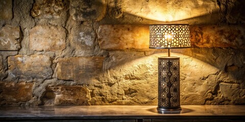 Aufkleber - Illuminated Table Lamp with Intricate Design Against a Rustic Stone Wall
