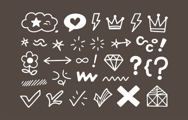 Poster - Hand Drawn Doodle Elements Vector Illustration with Cloud Heart Lightning Crown Star Arrow Diamond Question Mark Check Mark and Other Symbols