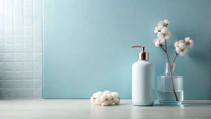 Aufkleber - Serene Bathroom Ambiance Pale Blue Dispenser, Cotton Blooms, and Tranquil Decor