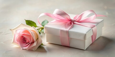 Poster - A delicately wrapped present, adorned with a soft pink ribbon, rests beside a single, pale pink rose, a symbol of affection and thoughtful gifting.