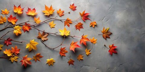 Aufkleber - Autumnal Branch and Leaves Composition on a Gray Surface A Study in Warm Hues