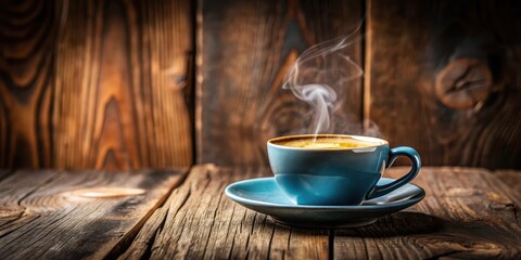 Aufkleber - Aromatic Steam Rising from a Blue Cup of Coffee on Rustic Wood