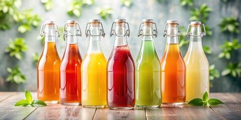 Poster - Assortment of Refreshing Homemade Fruit Infused Beverages in Glass Swing Top Bottles on Rustic Wooden Surface
