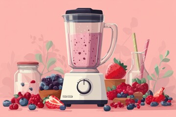 Aufkleber - Preparing a Delicious Fruit Smoothie With Fresh Berries and a Blender on a Clean Kitchen Counter