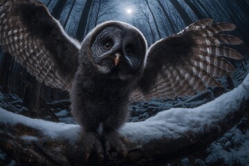 great gray owl in winter forest