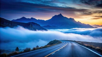Poster - Serene Sunrise Vista A Winding Road Through Misty Mountains at Dawn