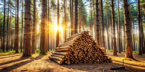 Aufkleber - Golden Hour in a Pine Forest A Stack of Harvested Logs Bathed in Sunlight