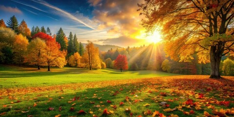 Poster - Autumnal Sunbeams Illuminating a Verdant Meadow with Fallen Leaves and Colorful Trees